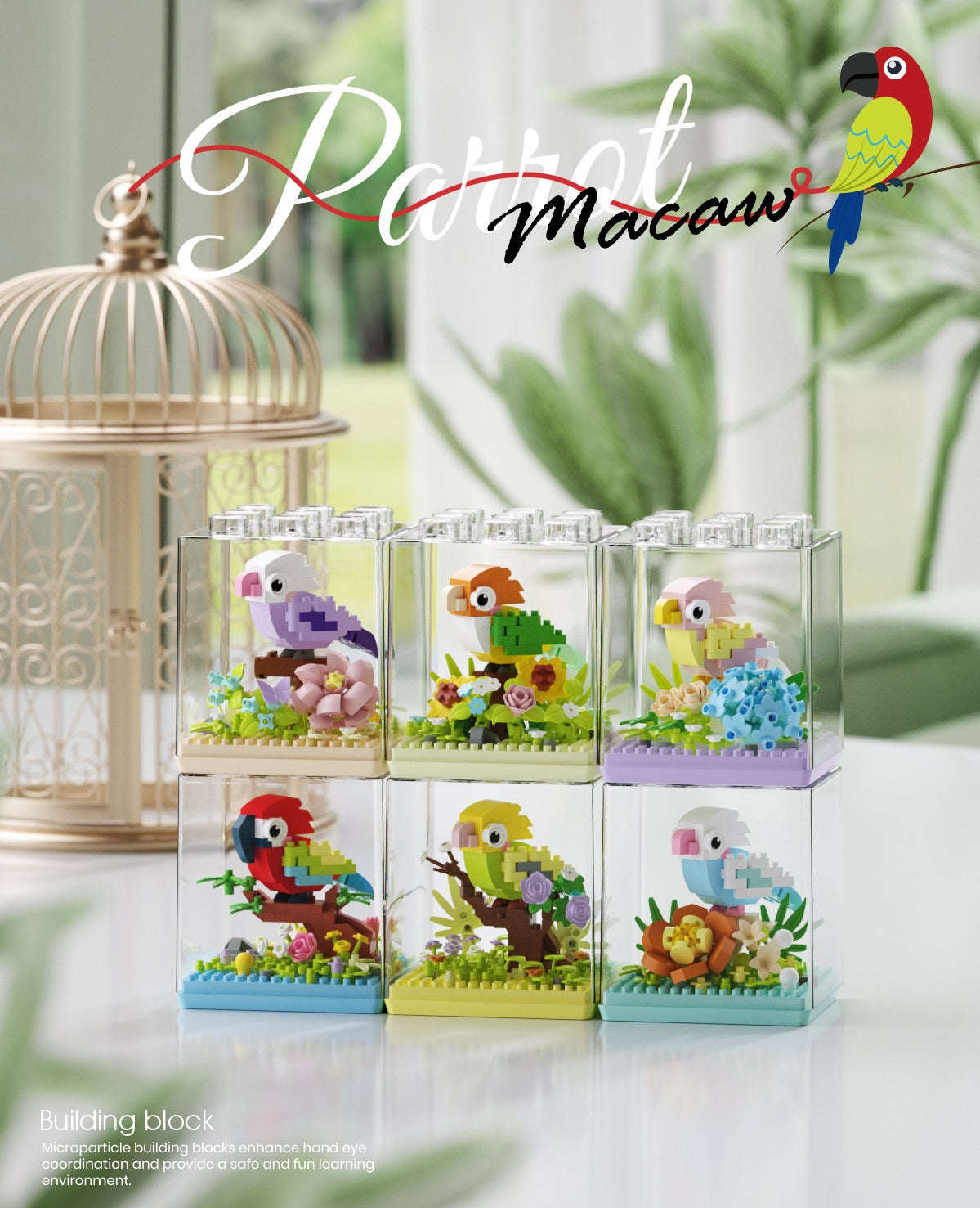 Tropical Parrot Diorama Building Kit – Micro Bird Display Set | 190-210 Pcs