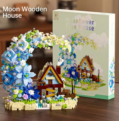 Moon Flower Wooden House Building Block Kit – Dreamy LED Cabin Display Set