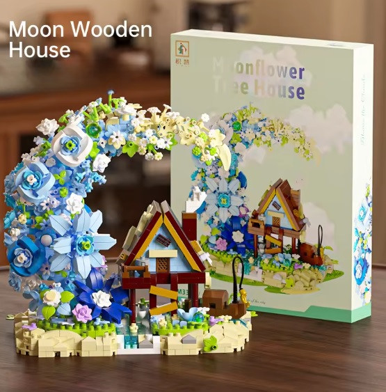 Moon Flower Wooden House Building Block Kit – Dreamy LED Cabin Display Set