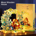 Moon Flower Wooden House Building Block Kit – Dreamy LED Cabin Display Set