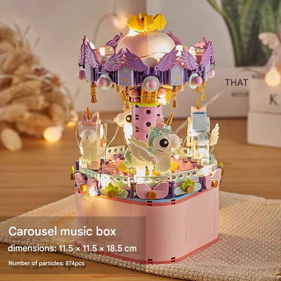 Amusement Park Music Box Building Block Kit – Rotating Carousel & Ferris Wheel Set
