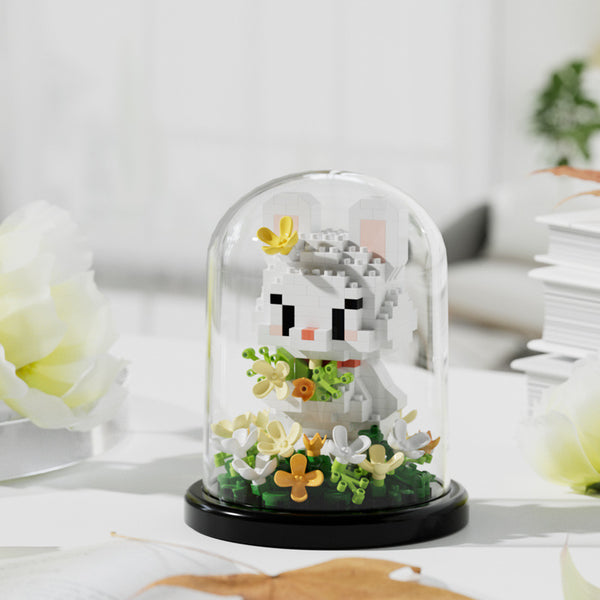 Cute Animal Glass Dome Building Block Kit – Miniature Animal Display Set with Dome