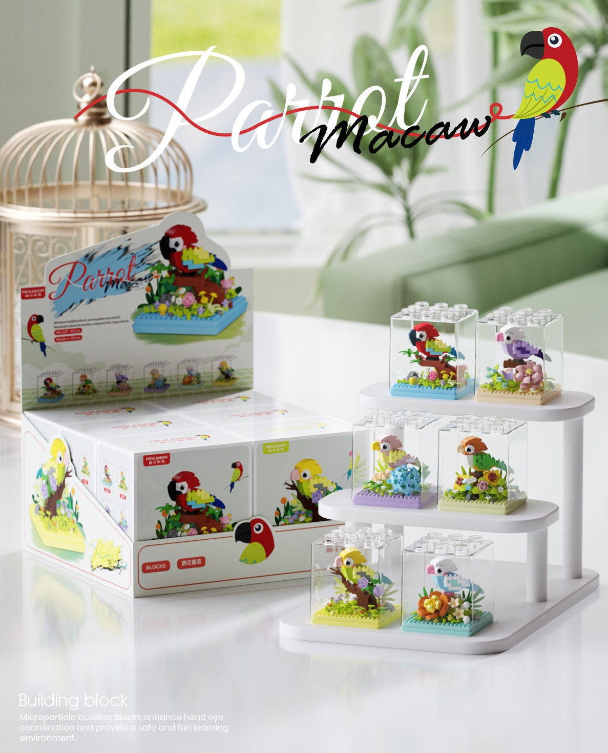 Tropical Parrot Diorama Building Kit – Micro Bird Display Set | 190-210 Pcs