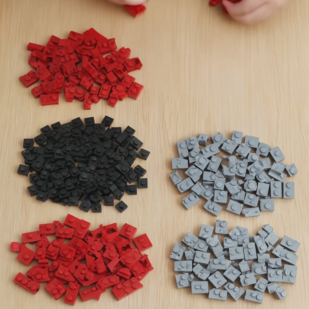 Fire Dragon Nesario building kit being built step by step, from sorted bricks to the finished dragon on its display stand